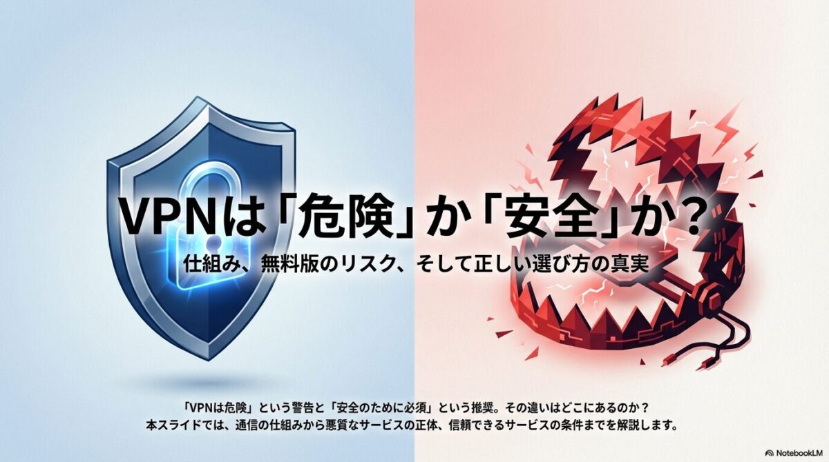 VPNは危険か安全かを解説するプレゼンスライドの表紙。仕組み、無料版のリスク、正しい選び方の真実という見出しが記載されています。