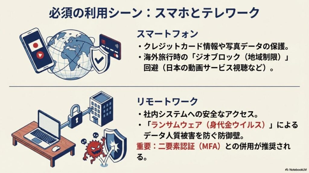 スマホでのクレカ情報保護や海外での地域制限回避、リモートワーク時の社内システムへの安全な接続とランサムウェア対策を解説するスライド。