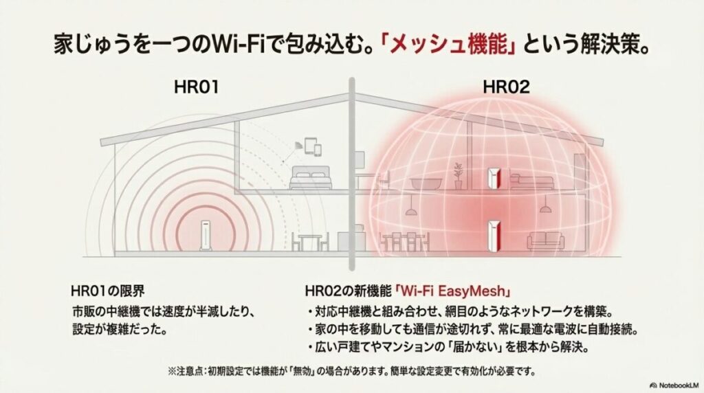 家全体を網目状のWi-Fiでカバーするメッシュ機能のイメージ図。HR01とHR02で家の中の電波の届き方の違いを比較。