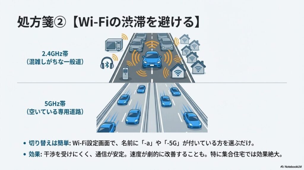 混雑する一般道（2.4GHz）と空いている専用道路（5GHz）の違いを示す道路のイメージ図。