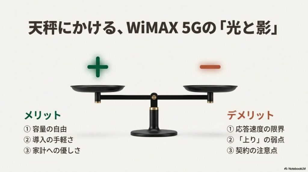 WiMAX 5Gのメリット（容量、手軽さ、家計）とデメリット（応答速度、上り速度、契約の注意点）の一覧表。