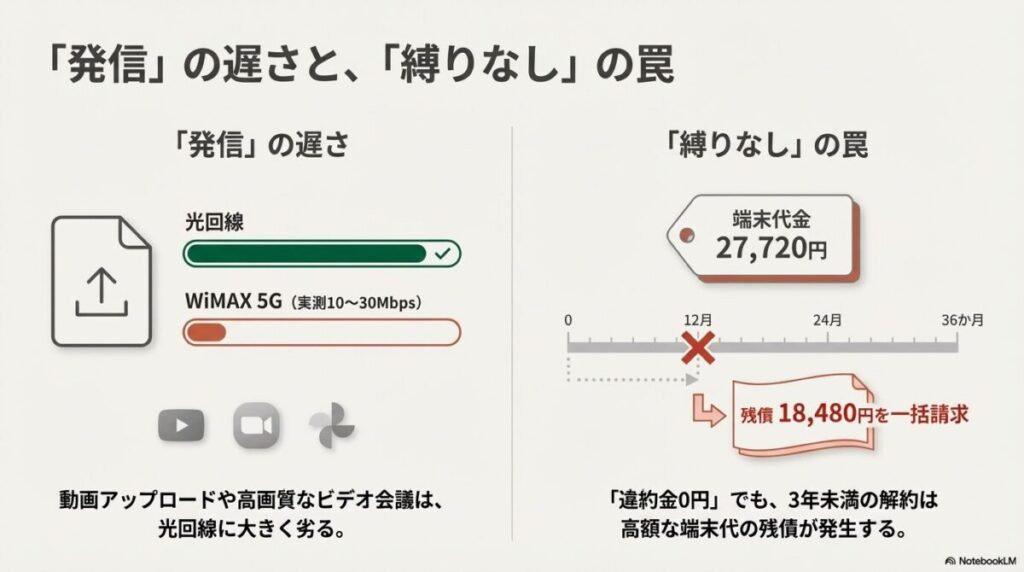 WiMAXの上り実測が10〜30Mbpsである点と、3年未満解約時の端末代金27,720円の残債請求リスクの解説。