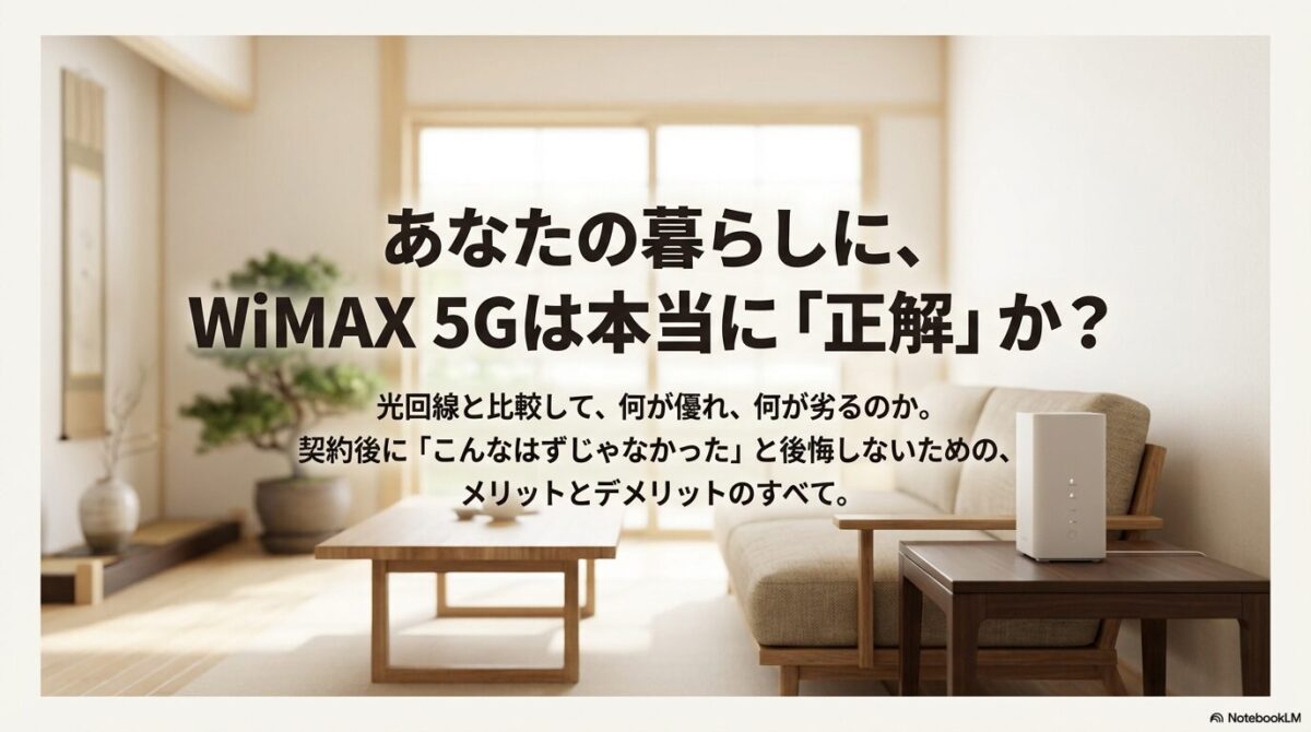 WiMAX 5Gは正解か？光回線と比較したメリットとデメリットの解説資料の表紙。