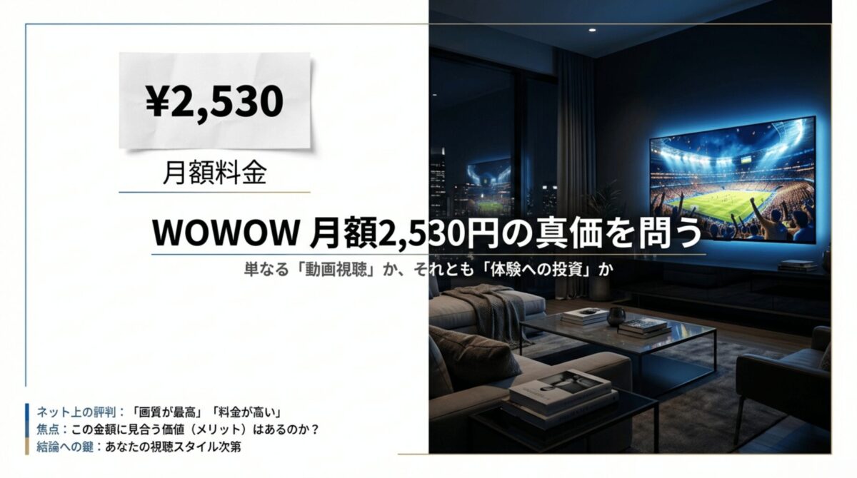 WOWOW月額2,530円の真価を問い、体験への投資としての価値を提案するスライド。