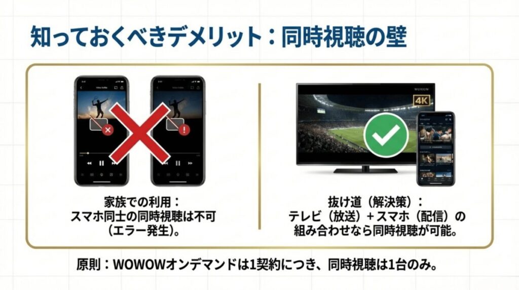 スマホ同士の同時視聴は不可だが、テレビ（放送）とスマホ（配信）の組み合わせなら同時視聴が可能。