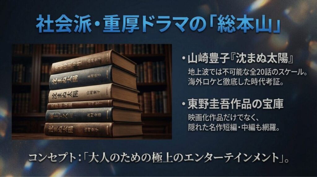 山崎豊子『沈まぬ太陽』全20話のスケール感と、東野圭吾作品の豊富なライブラリを解説するスライド。
