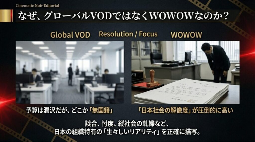 グローバルVODに対し、談合や忖度、縦社会の軋轢など、日本組織特有の「生々しいリアリティ」を正確に描写するWOWOWの強みを解説するスライド。