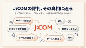 J:COM（ジェイコム）のネット評判の真相と光回線の特徴をまとめたプレゼン資料の表紙。