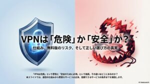 VPNは危険か安全かを解説するプレゼンスライドの表紙。仕組み、無料版のリスク、正しい選び方の真実という見出しが記載されています。