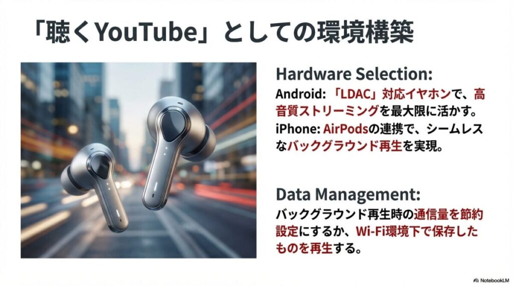 AndroidのLDAC対応やiPhoneのAirPods連携、バックグラウンド再生の通信量節約術