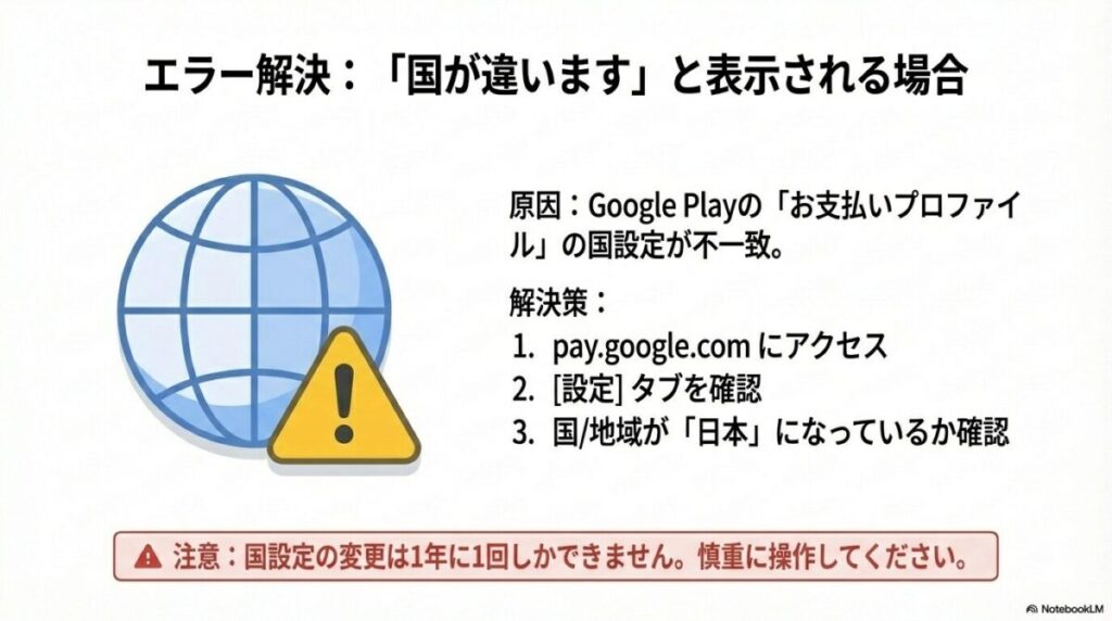 pay.google.comにアクセスしてお支払いプロファイルの国設定が「日本」になっているか確認する手順