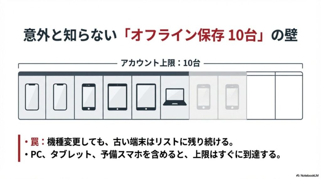 アカウント上限10台の制限と、機種変更時に古い端末が残り続ける罠の解説