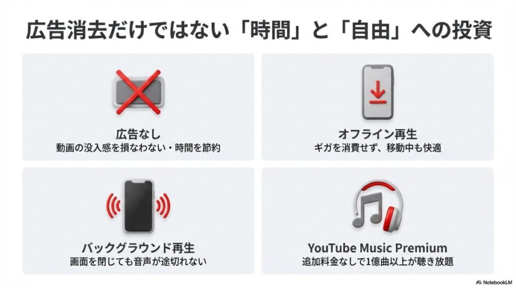 広告なし視聴、オフライン再生、バックグラウンド再生、YouTube Music Premiumの4つの特典と、それぞれの利便性（ギガ節約や1億曲聴き放題など）のまとめ 。