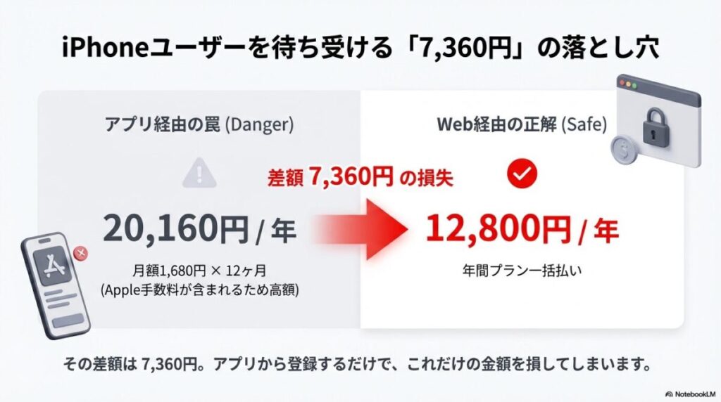 iPhoneのYouTubeアプリから登録した場合（年20,160円）とWeb経由（年12,800円）の価格差7,360円を警告する図。Apple手数料による損失を「罠」として注意喚起しています 。
