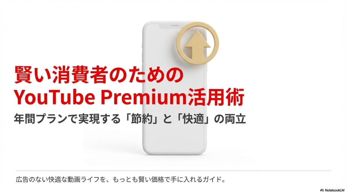 賢い消費者のためのYouTube Premium活用術、年間プランで節約と快適を両立させるガイドの表紙スライド 。