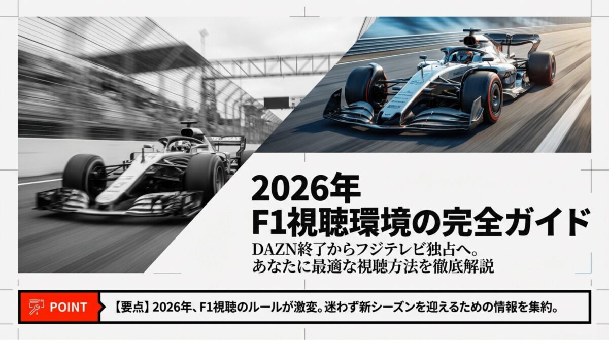 2026年のF1視聴環境ガイド。DAZN終了からフジテレビ独占への移行を解説する表紙画像。