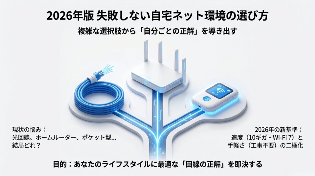 2026年版の自宅インターネット環境の選び方を解説するガイドの表紙。光回線、ホームルーター、ポケット型WiFiの選択肢を提示。
