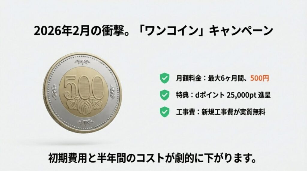 月額500円特典、25,000pt進呈、工事費実質無料などの2026年2月キャンペーン内容。