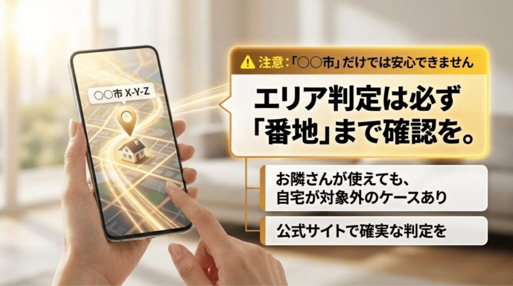 ahamo光10ギガの提供エリアは市区町村ではなく番地単位で確認する必要があることを示した画像