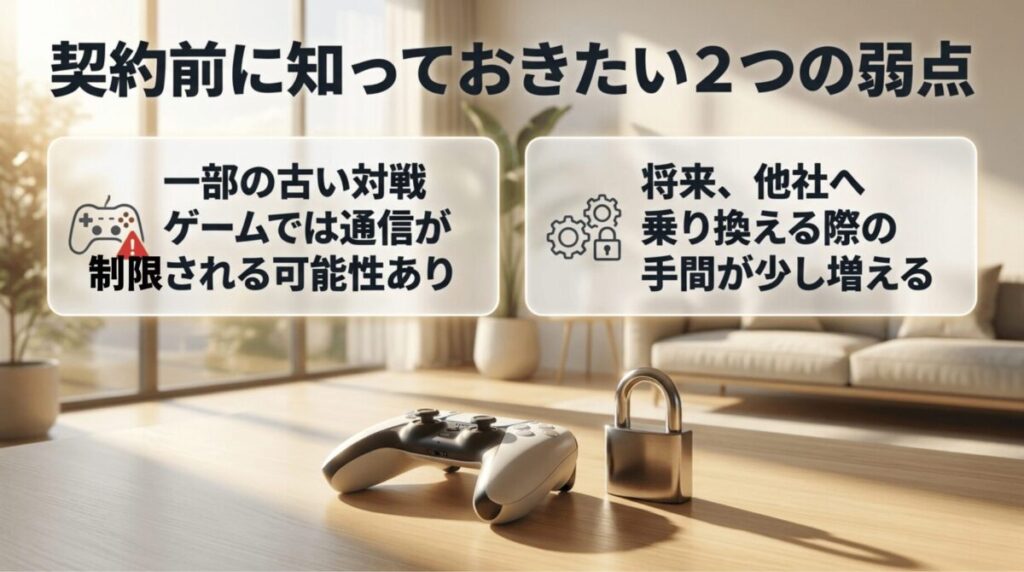 ahamo光10ギガでは一部ゲームの通信制限や将来の他社乗り換え時の手間に注意が必要なことを示した画像