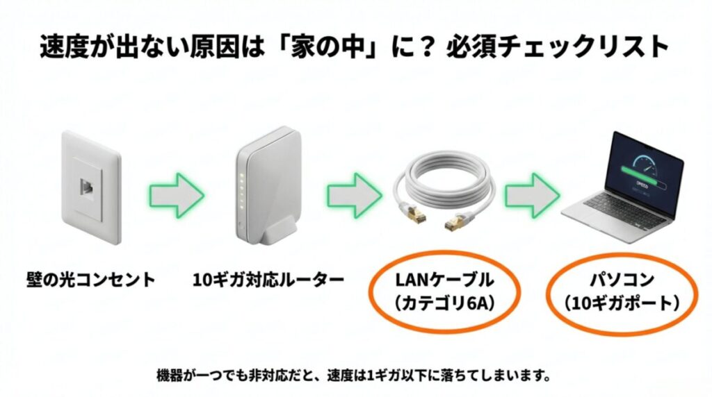 光コンセント、ルーター、Cat6Aケーブル、PCの10Gポートの対応確認リスト。