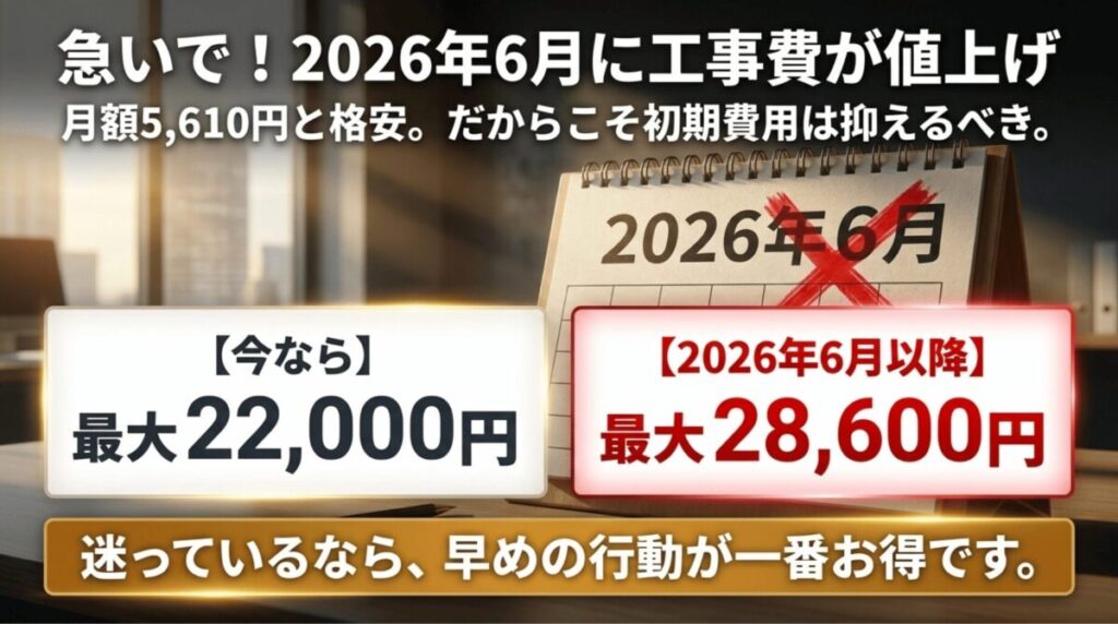 2026年6月以降にahamo光10ギガの工事費が最大28,600円へ値上げされる注意点を示した画像