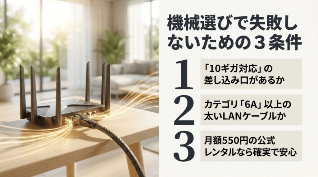 ahamo光10ギガで失敗しないためのルーター、LANポート、LANケーブル、公式レンタルの確認ポイントをまとめた画像