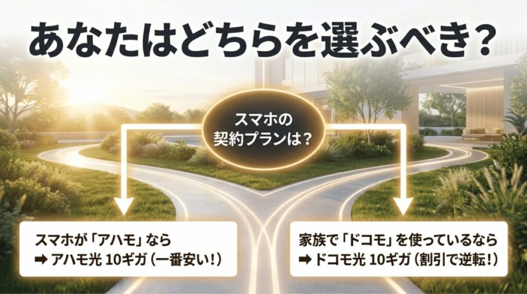 スマホがahamoならahamo光10ギガ、家族でドコモを使うならドコモ光10ギガも検討すべきことを示した比較画像