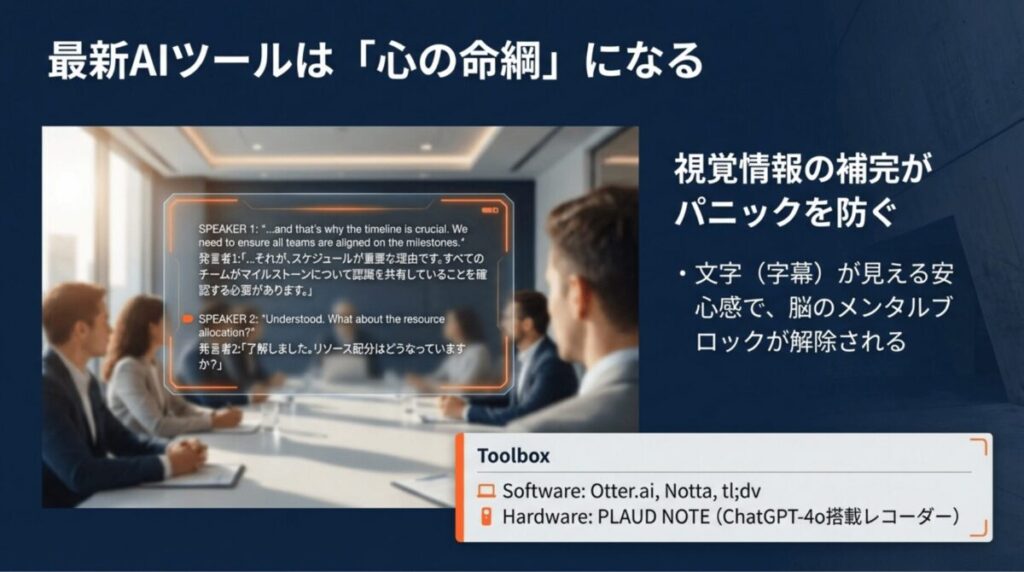 Otter.aiやPLAUD NOTEなどのツール名と、リアルタイムの文字起こしによる視覚補完がメンタルブロックを解除する仕組みの解説スライド。
