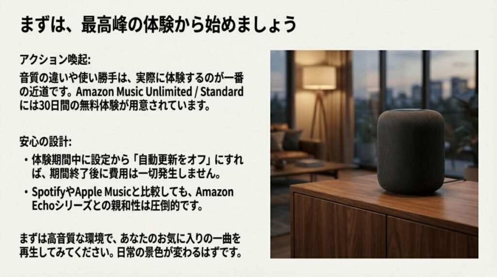 UnlimitedまたはStandardの無料体験、自動更新オフの安心感、Echo連携の魅力を訴求する締めのスライド。