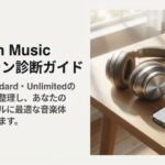 Amazon Music Prime・Standard・Unlimitedの違いを解説する導入スライド。ヘッドホンとスマートフォンのイメージ付き。