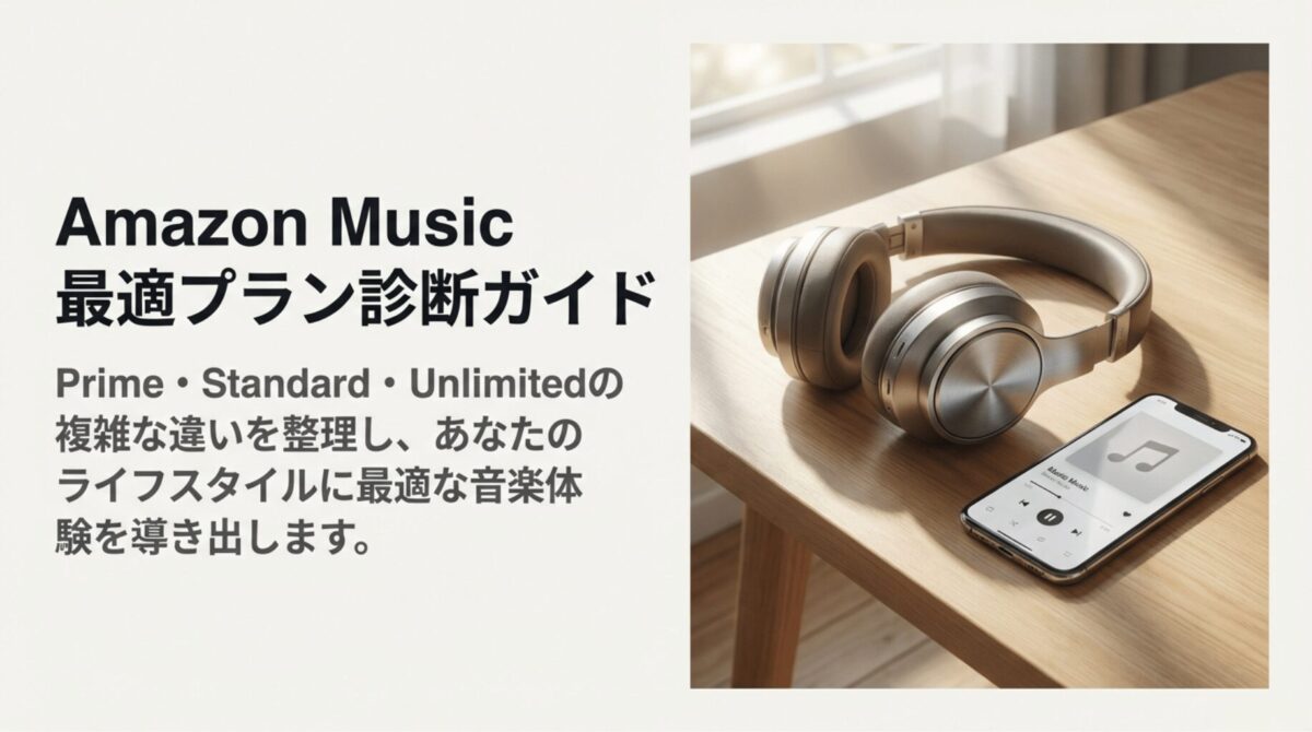Amazon Music Prime・Standard・Unlimitedの違いを解説する導入スライド。ヘッドホンとスマートフォンのイメージ付き。