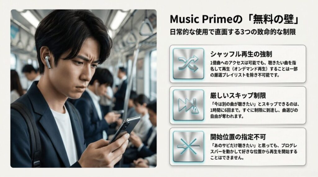Music Primeの主な制限として、シャッフル再生の強制、1時間6回までのスキップ制限、再生開始位置を指定できない点をまとめたスライド。