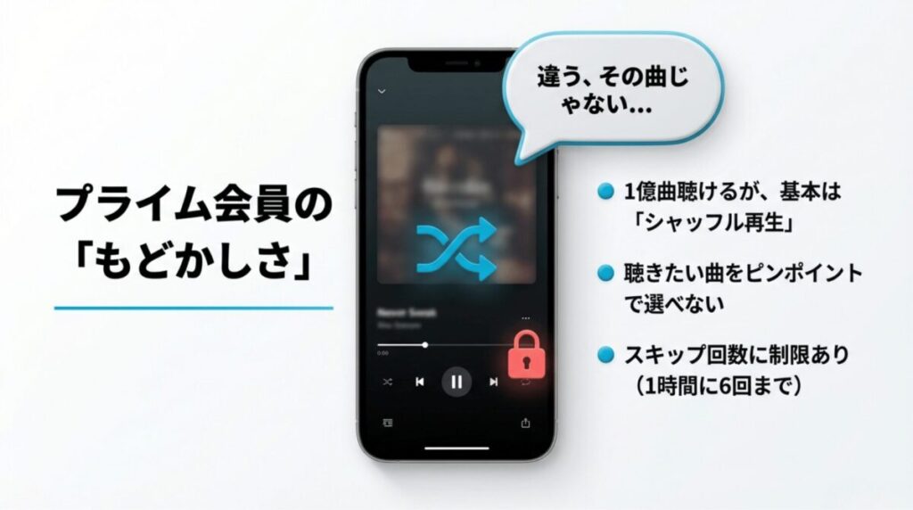 プライム会員の制限事項。1億曲聴けるが基本はシャッフル再生で、1時間に6回までのスキップ制限がある説明。