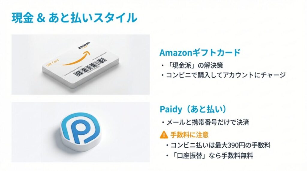コンビニチャージで使えるAmazonギフトカードと、メール・携帯番号で決済できる「あと払い（ペイディ）」の紹介。ペイディの手数料に関する注意点も記載。