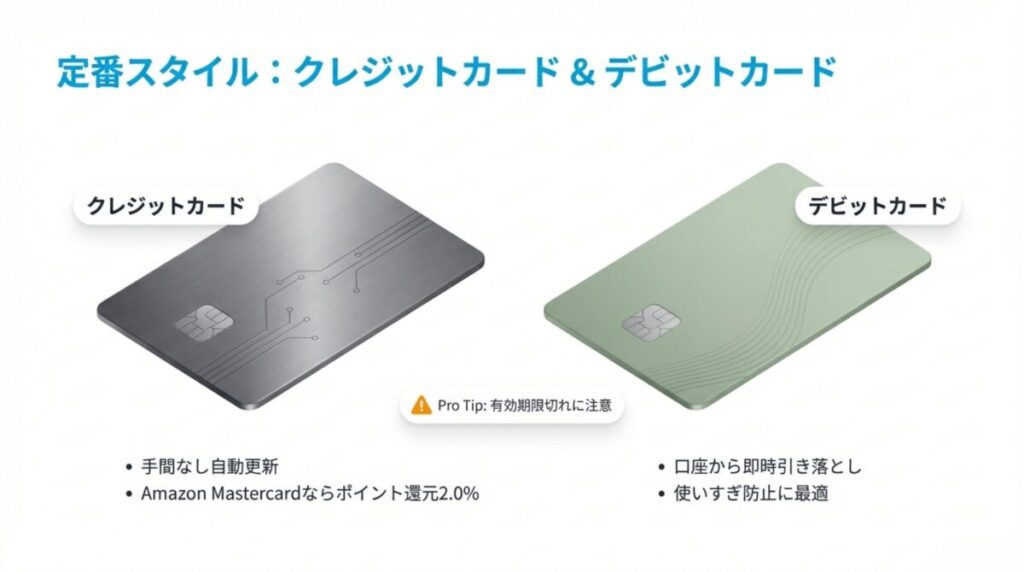 クレジットカードの自動更新やAmazon Mastercardの還元率、デビットカードの即時引き落としによる使いすぎ防止効果を説明するスライド。