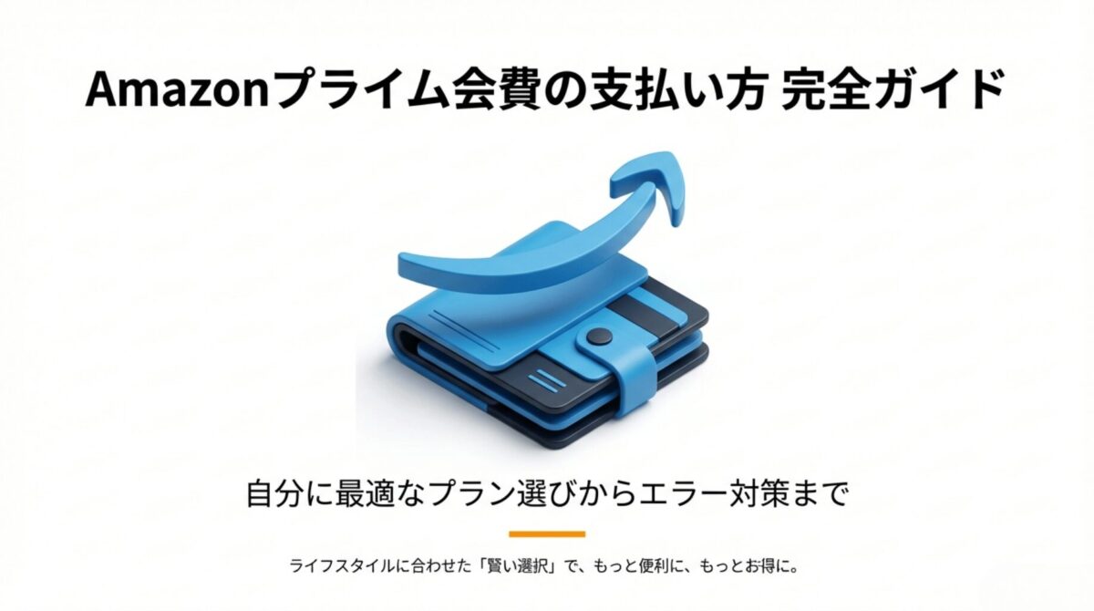 Amazonプライムのロゴが入った青い財布のイラストと、「Amazonプライム会費の支払い方完全ガイド」というタイトルテキスト。