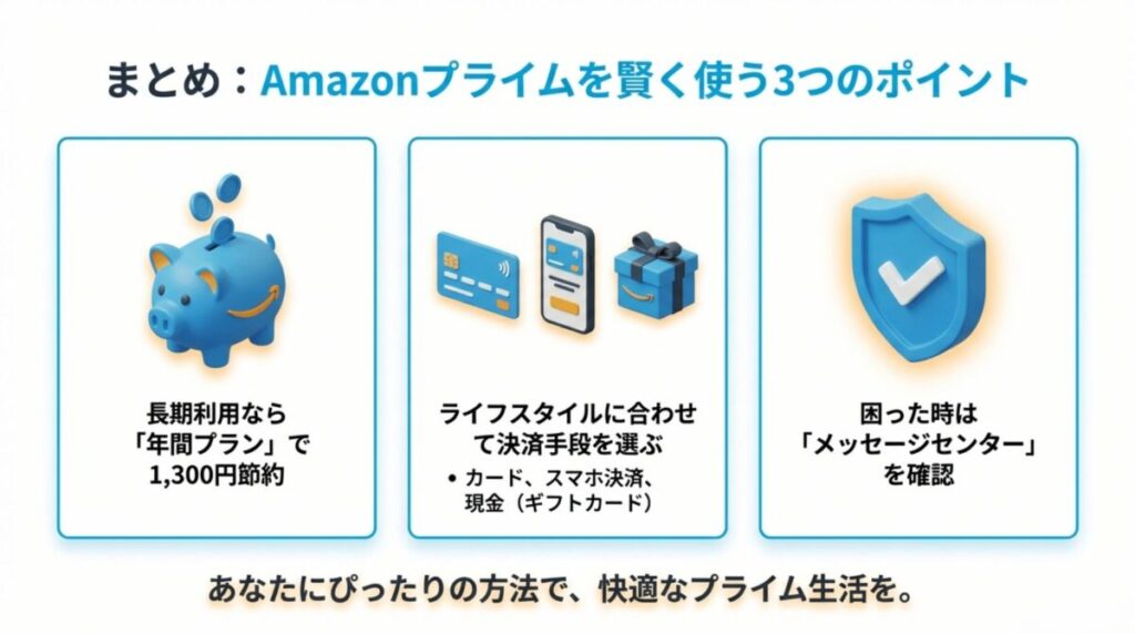 年間プランでの節約、ライフスタイルに合った決済手段の選択、困った時のメッセージセンター確認という、記事の要点をまとめたスライド。