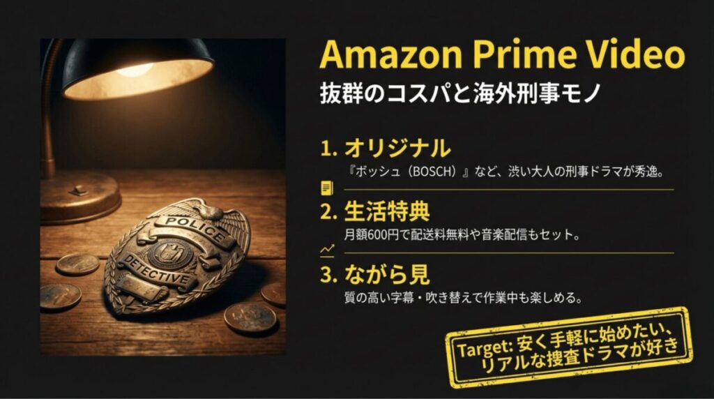 オリジナル作『ボッシュ』等の刑事ドラマ、月額600円の生活特典、ながら見のしやすさの解説