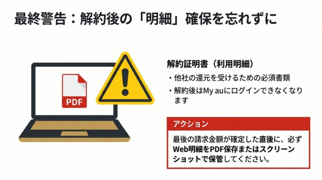 解約後にMy auへログインできなくなる前に、他社の還元を受けるための必須書類（WEB明細）をPDF保存またはスクショすることを促す警告図。