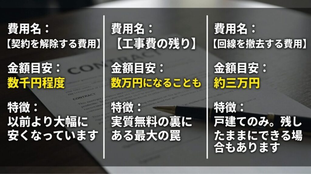 auひかり解約時に発生する契約解除料、工事費残債、回線撤去費用の目安と特徴をまとめたスライド