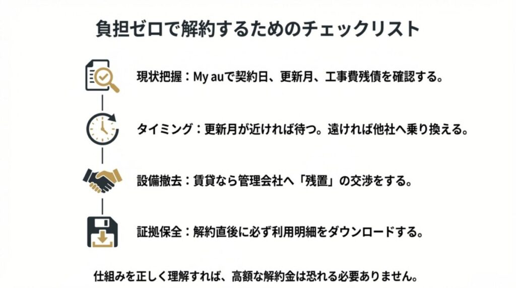 auひかりを負担ゼロで解約するための「現状把握」「タイミング」「設備撤去」「証拠保全」の4項目をまとめたチェックリスト。