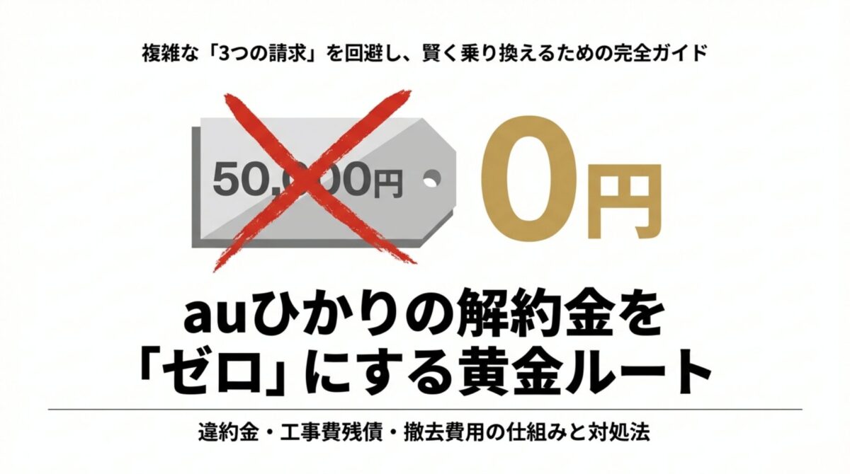auひかりの解約金を0円にするための完全攻略ガイドの表紙。50,000円にバツ印がつき、0円を目指す内容。