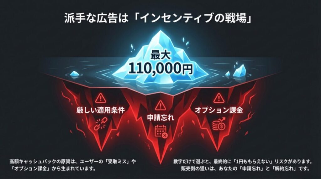 最大110,000円という高額還元の数字の下に、厳しい適用条件、申請忘れ、オプション課金という「罠」が隠れていることを示す氷山のイラスト。