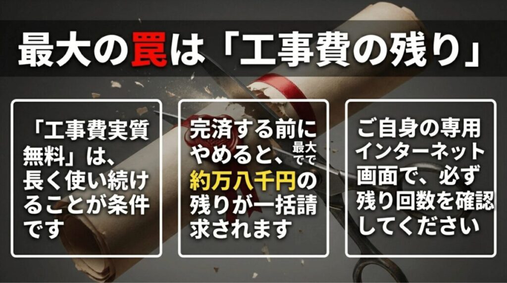 auひかりの工事費実質無料は長期利用が条件で、完済前に解約すると残債が一括請求されることを説明するスライド