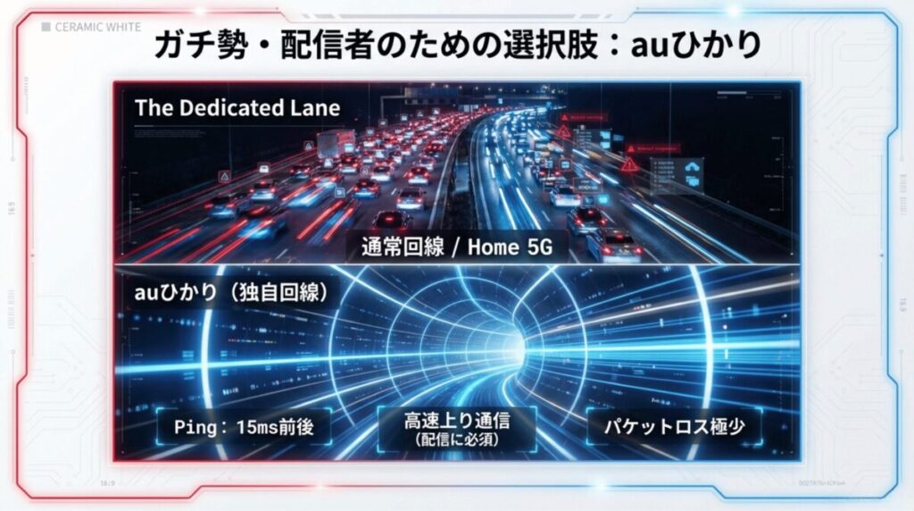 独自回線であるauひかりと通常回線の違い。低遅延、高速な上り通信、パケットロスが極少である点を解説