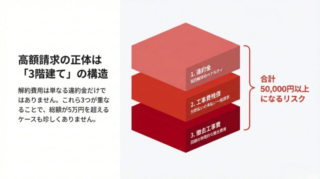 auひかりの解約費用が「違約金」「工事費残債」「撤去工事費」の3つで構成され、合計5万円以上になるリスクを説明する図解。