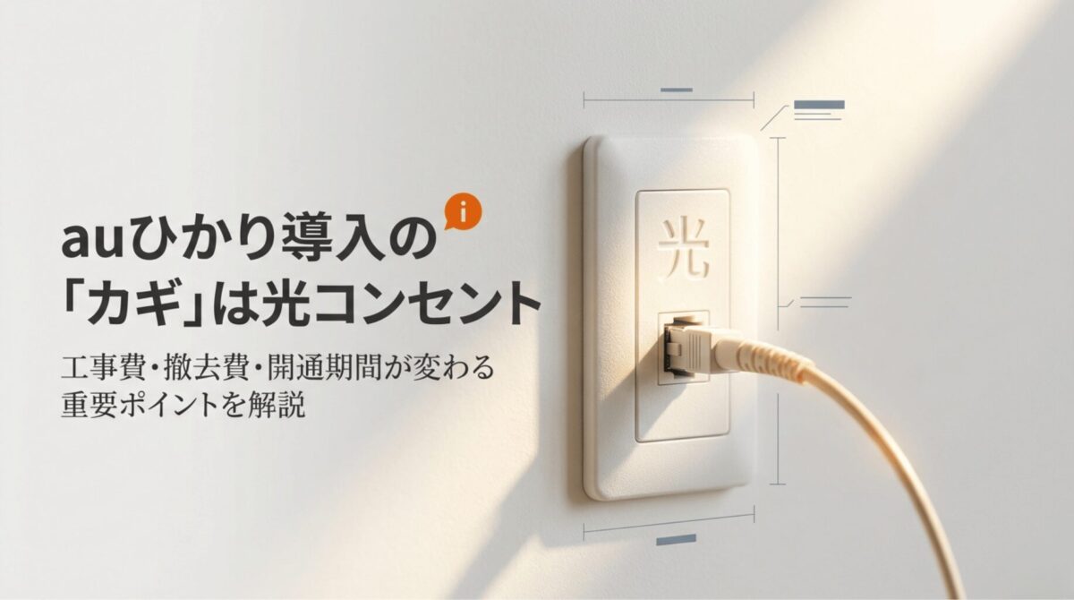 auひかり導入の鍵となる光コンセントについて、工事費・撤去費・開通期間が変わる重要ポイントを解説するスライド。