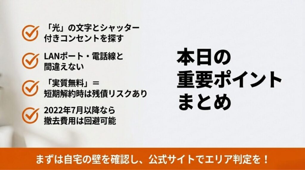光コンセントの探し方、間違い防止、工事費残債のリスク、2022年7月以降の撤去費用回避など、本記事の要点をまとめたスライド