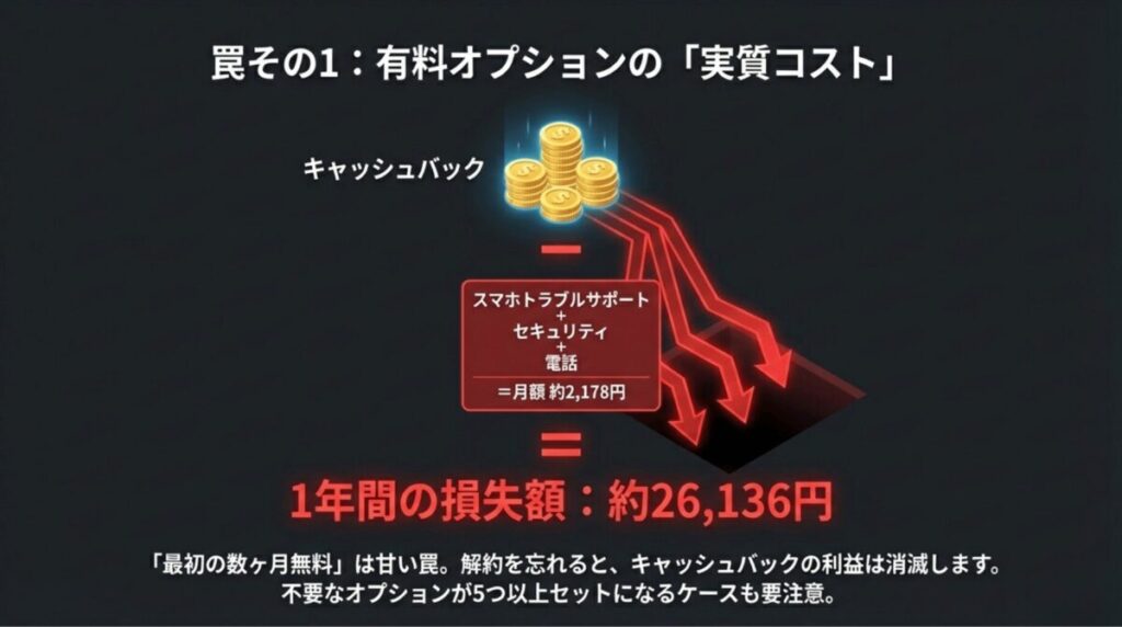 スマホトラブルサポートやセキュリティ等のオプション費用が月額約2,178円重なり、1年間の合計で約26,136円の損失になることを示す図解。